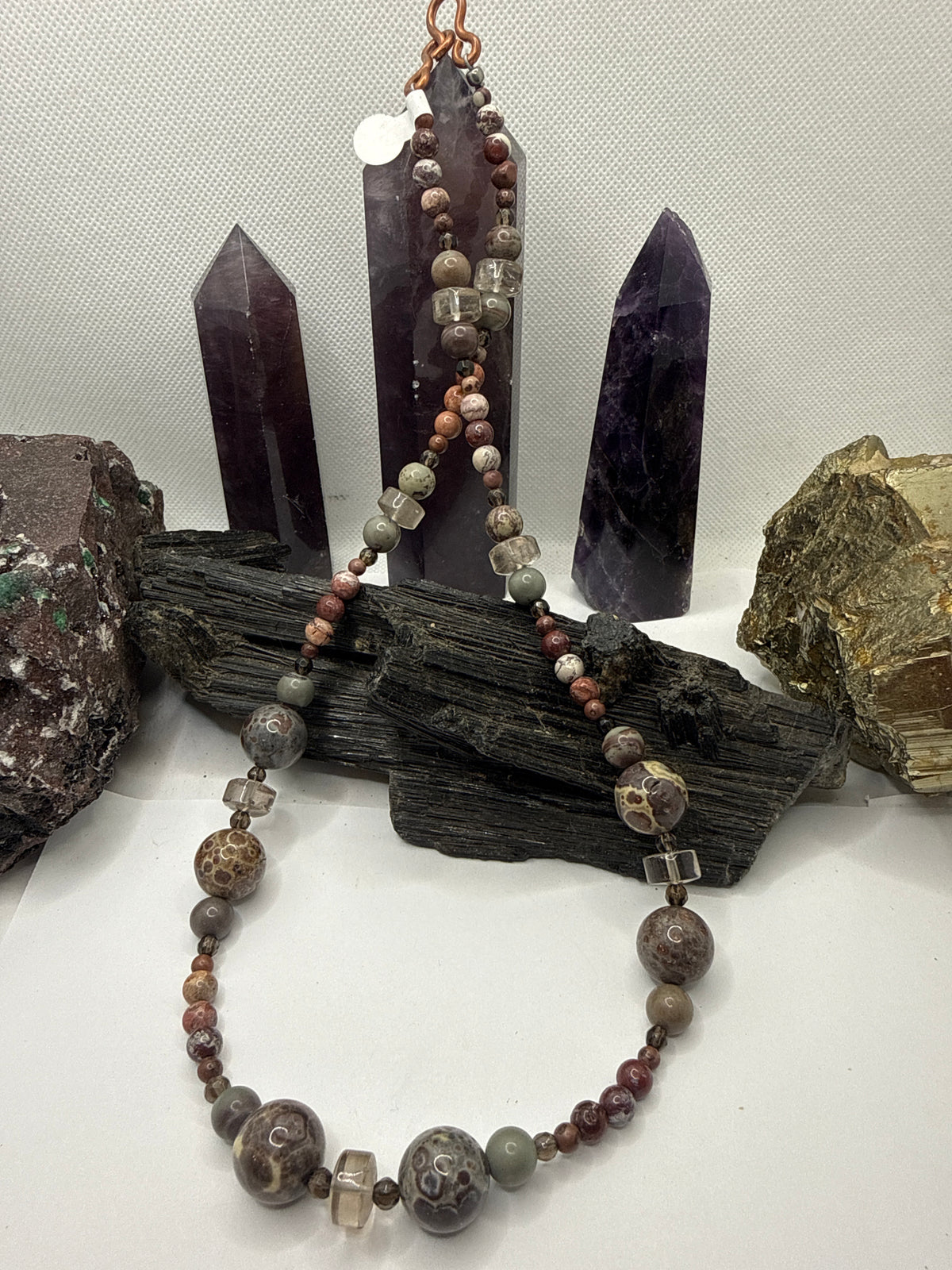 Red Jasper and Orbicular Jasper Beaded Necklace with Smoky Quartz 22 inches