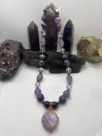 Amethyst Beaded Necklace with Copper Wirewrapped Amethyst Crystal Pendant 20 inches