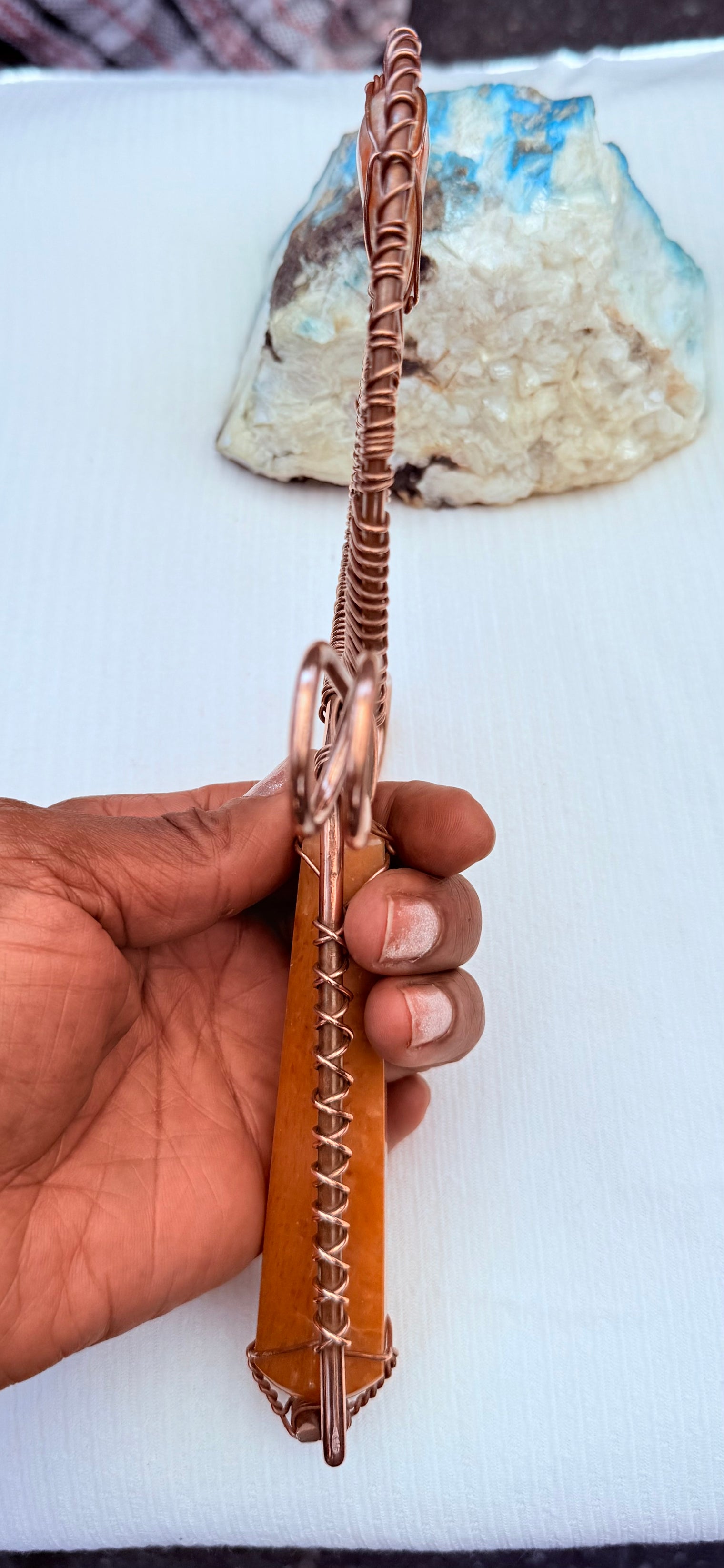 Yellow Calcite and Sunstone Copper Handheld Ankh