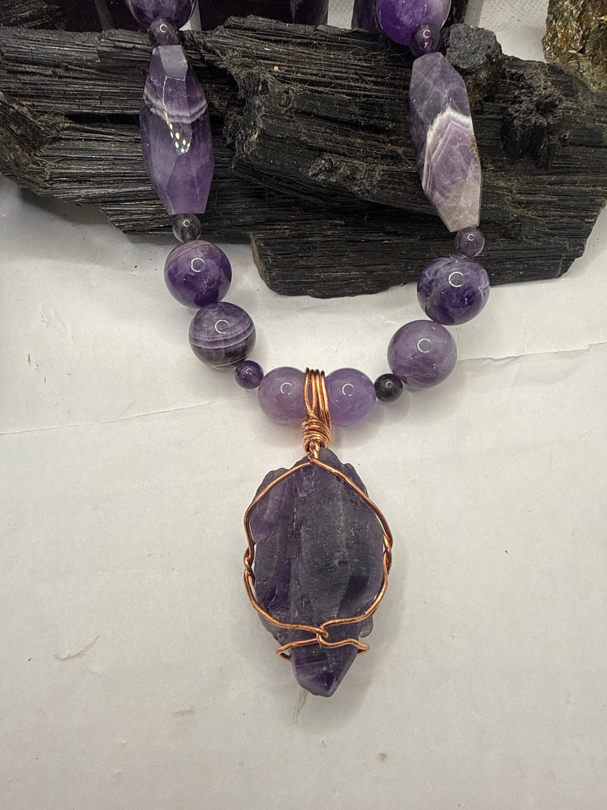 Amethyst Beaded Necklace with Copper Wirewrapped Nigerian-Amethyst Crystal Pendant 18 inches