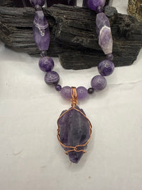 Amethyst Beaded Necklace with Copper Wirewrapped Nigerian-Amethyst Crystal Pendant 18 inches