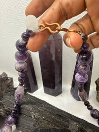 Amethyst Beaded Necklace with Copper Wirewrapped Amethyst Hexagon Crystal Pendant 24 inches
