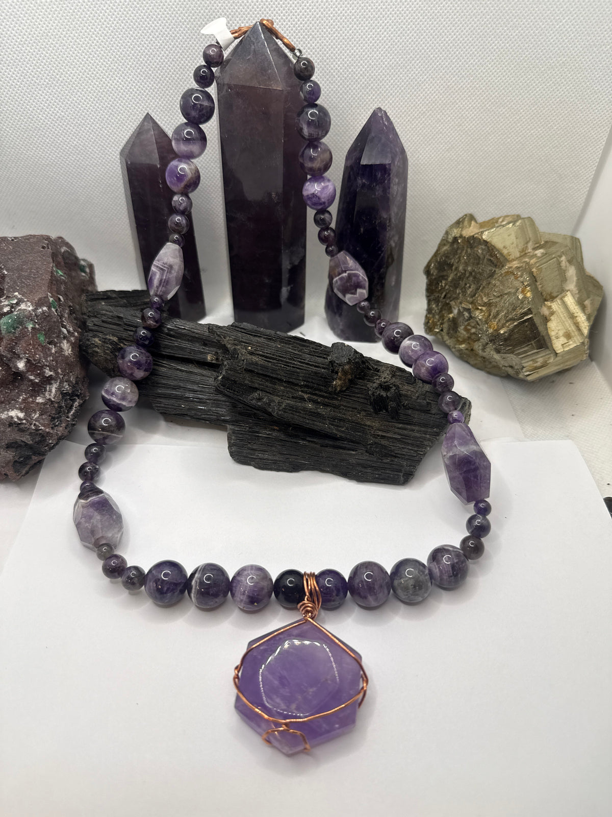 Amethyst Beaded Necklace with Copper Wirewrapped Amethyst Hexagon Crystal Pendant 24 inches