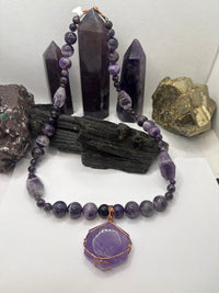 Amethyst Beaded Necklace with Copper Wirewrapped Amethyst Hexagon Crystal Pendant 24 inches