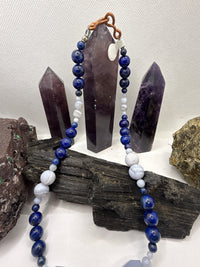 Lapis Lazuli and Blue Lace Agate Necklace with Druzy Pendant 20 inch