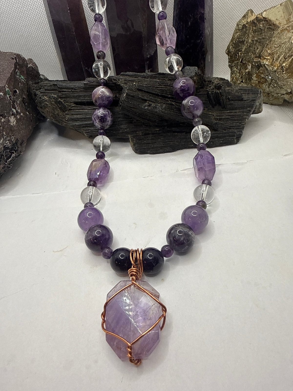 Amethyst Beaded Necklace with Copper Wirewrapped Amethyst Crystal Pendant 20 inches