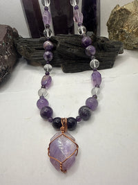 Amethyst Beaded Necklace with Copper Wirewrapped Amethyst Crystal Pendant 20 inches