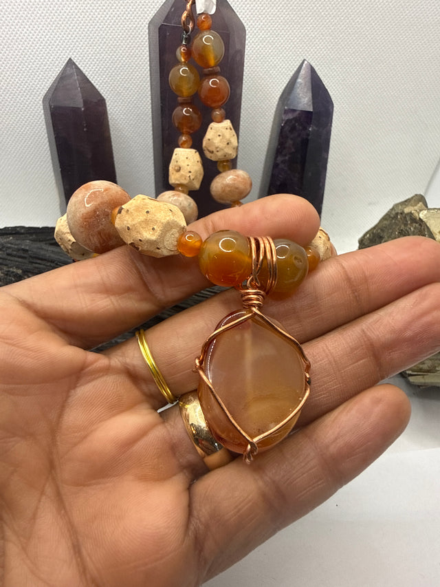 Carnelian, African Grassroot Beads, Sunstone with Carnelian Pendant~ 18 Inches