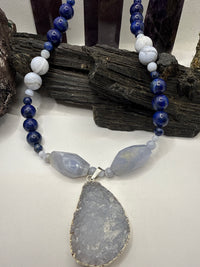 Lapis Lazuli and Blue Lace Agate Necklace with Druzy Pendant 20 inch