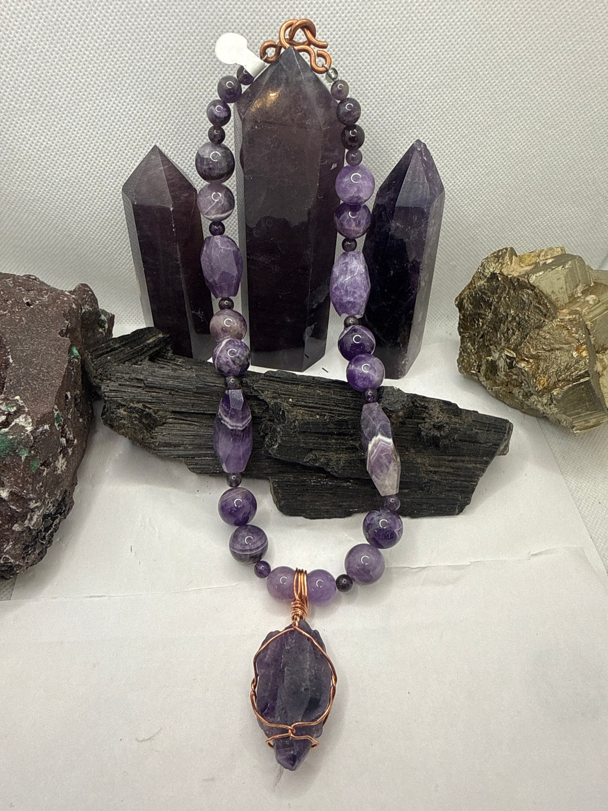 Amethyst Beaded Necklace with Copper Wirewrapped Nigerian-Amethyst Crystal Pendant 18 inches