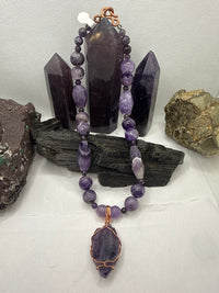 Amethyst Beaded Necklace with Copper Wirewrapped Nigerian-Amethyst Crystal Pendant 18 inches