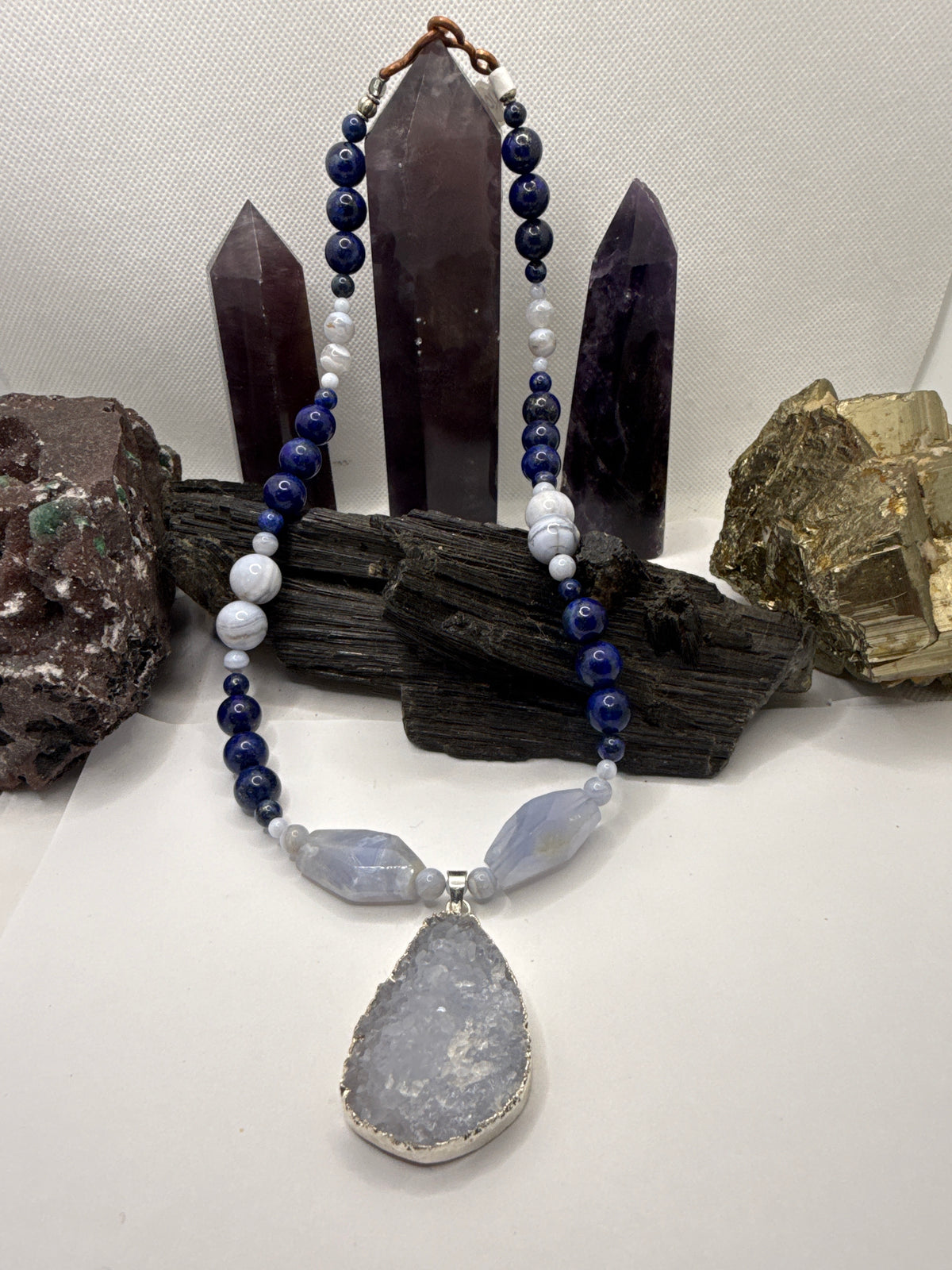 Lapis Lazuli and Blue Lace Agate Necklace with Druzy Pendant 20 inch