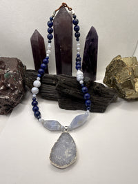 Lapis Lazuli and Blue Lace Agate Necklace with Druzy Pendant 20 inch