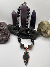 Black Obsidian and Smoky Quartz Beaded Necklace with Black Obsidian Arrowhead Pendant ~18 inches