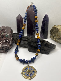 Lapis Lazuli and Tiger Eye Necklace with Compass Pendant 20 Inches