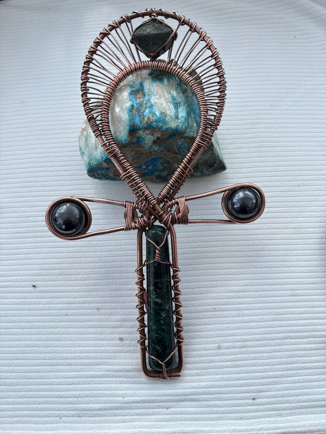Green Kyanite with Epidote Copper Handheld Ankh with Magnetic Hematite Arms