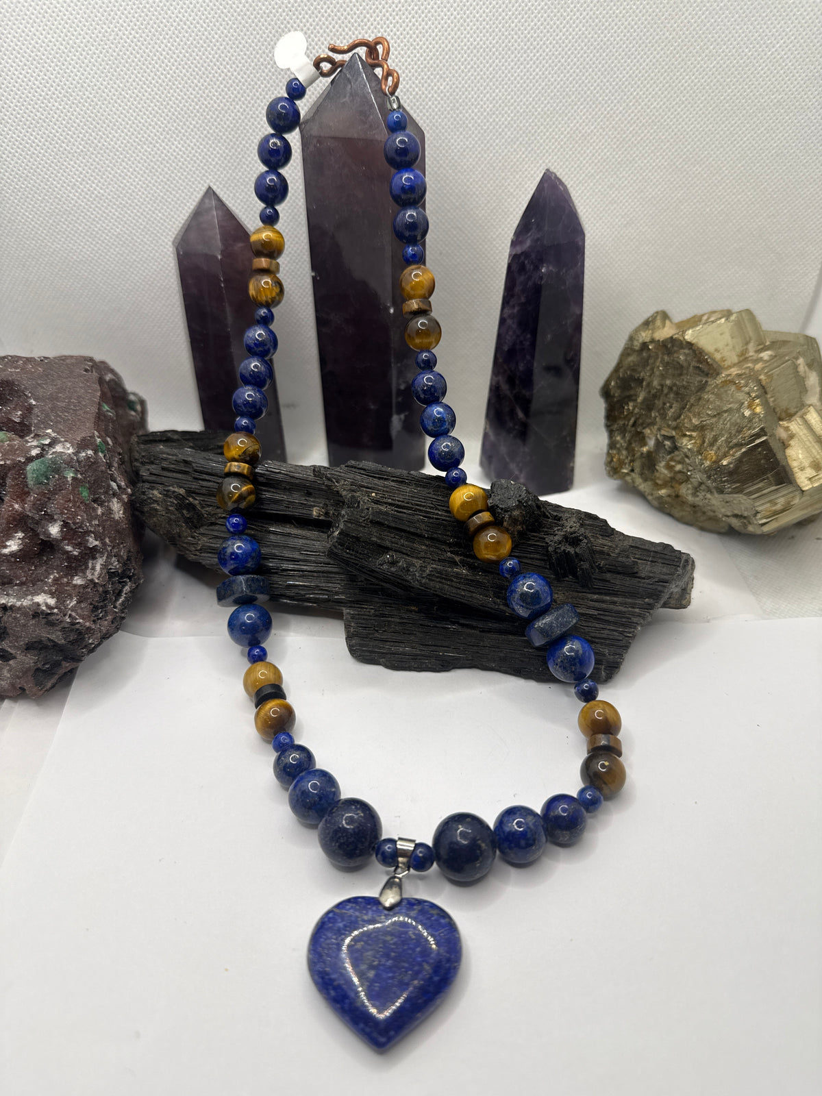 Lapis Lazuli and Tiger Eye Necklace with Lapis Heart Pendant 20 Inches