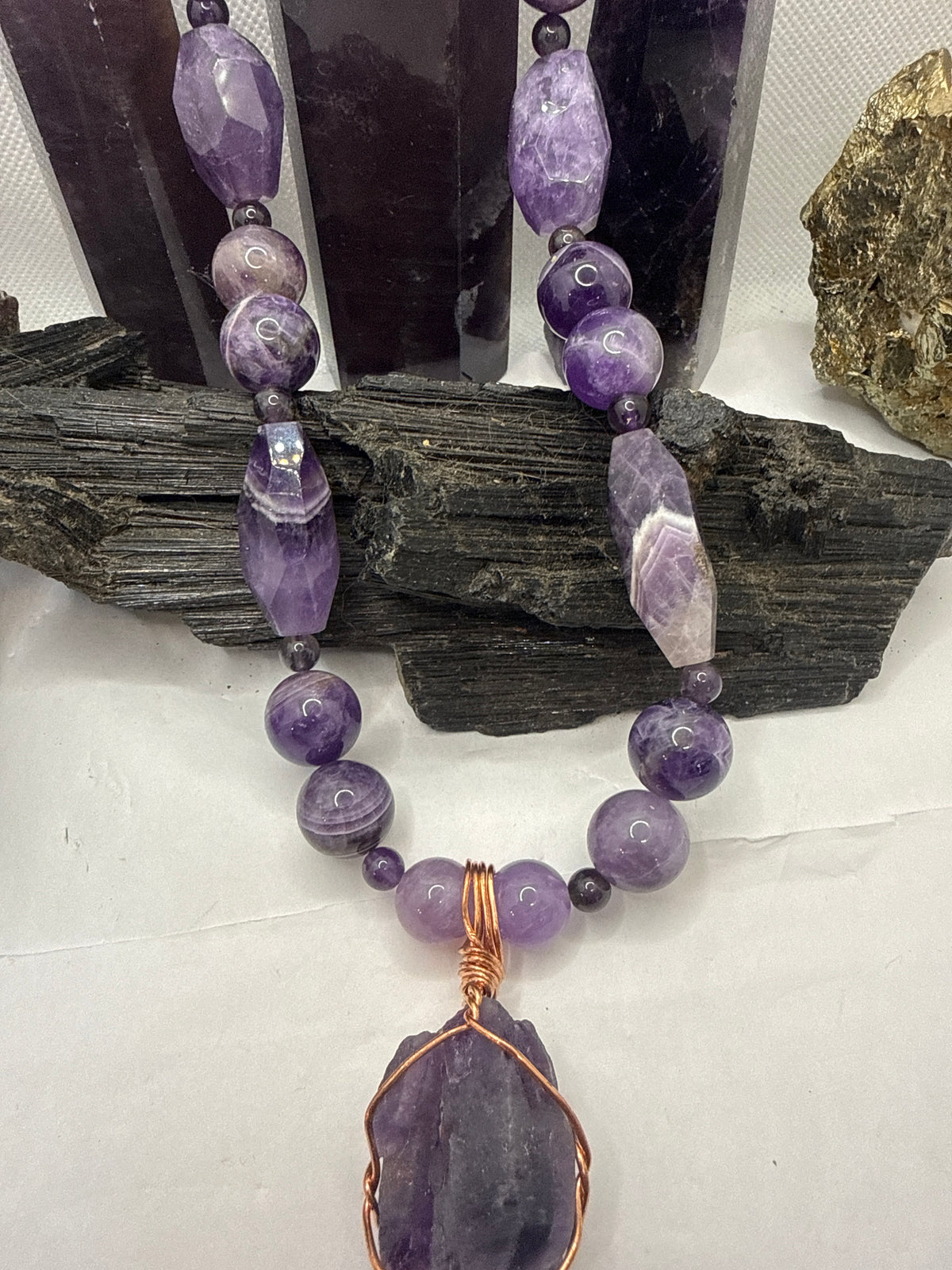 Amethyst Beaded Necklace with Copper Wirewrapped Nigerian-Amethyst Crystal Pendant 18 inches