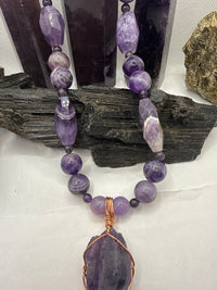 Amethyst Beaded Necklace with Copper Wirewrapped Nigerian-Amethyst Crystal Pendant 18 inches