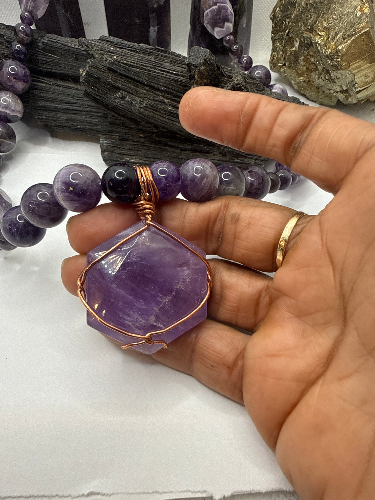 Amethyst Beaded Necklace with Copper Wirewrapped Amethyst Hexagon Crystal Pendant 24 inches
