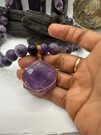 Amethyst Beaded Necklace with Copper Wirewrapped Amethyst Hexagon Crystal Pendant 24 inches
