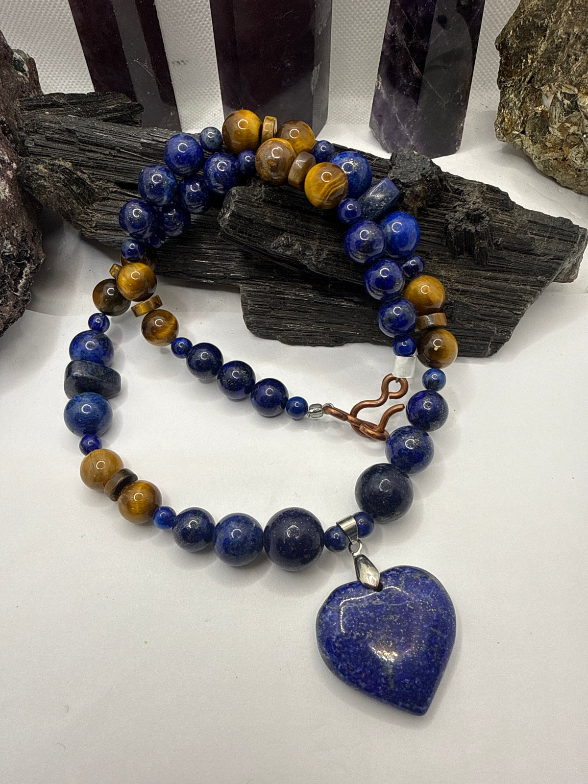 Lapis Lazuli and Tiger Eye Necklace with Lapis Heart Pendant 20 Inches