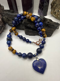 Lapis Lazuli and Tiger Eye Necklace with Lapis Heart Pendant 20 Inches