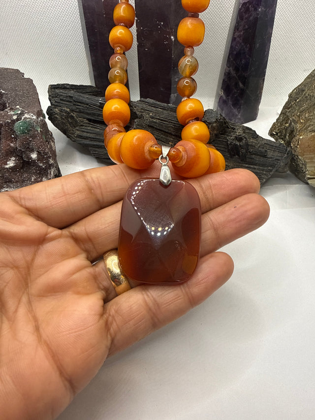 Carnelian and African Amber Necklace with Carnelian Pendant~18 Inches