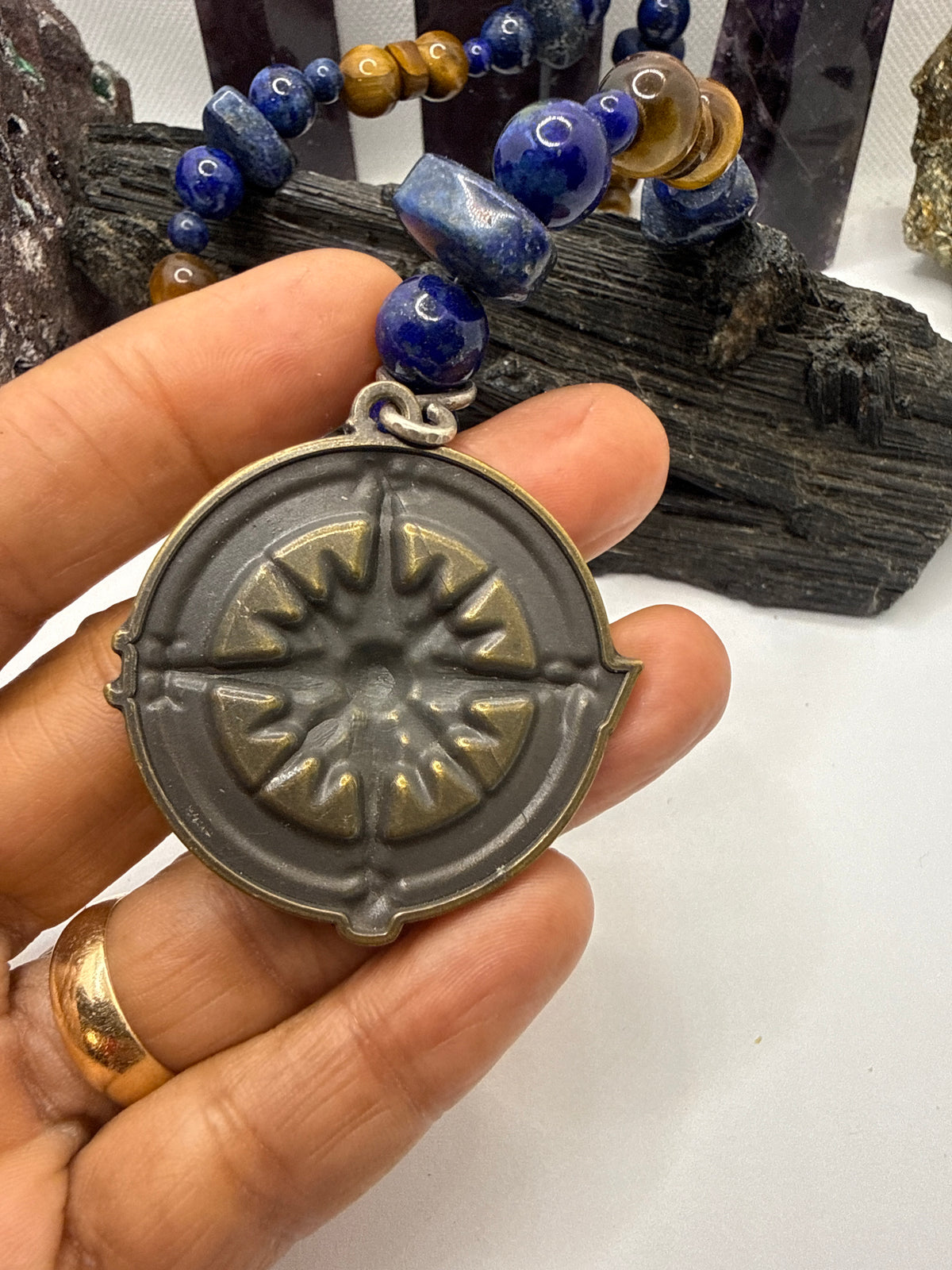 Lapis Lazuli and Tiger Eye Necklace with Compass Pendant 20 Inches