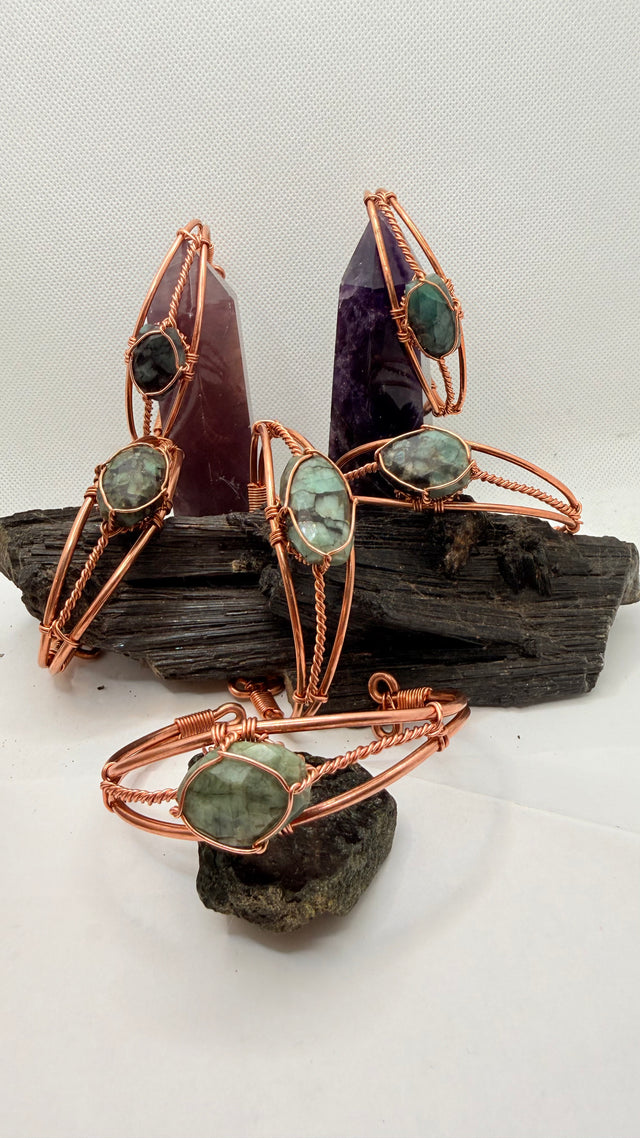 Natural Emerald Wirewrapped Copper Bracelet