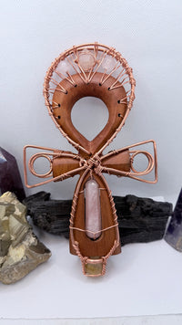 Hand Carved Cherry Wood, Rose Quartz and Beta Quartz with Golden Healer Sphere Handheld Ankh