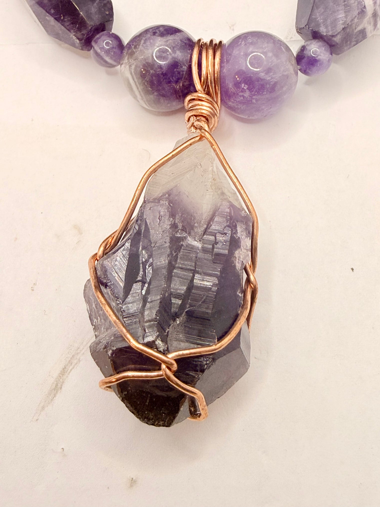 Amethyst Beaded Necklace with Copper Wirewrapped Amethyst Crystal Pendant 18 inches
