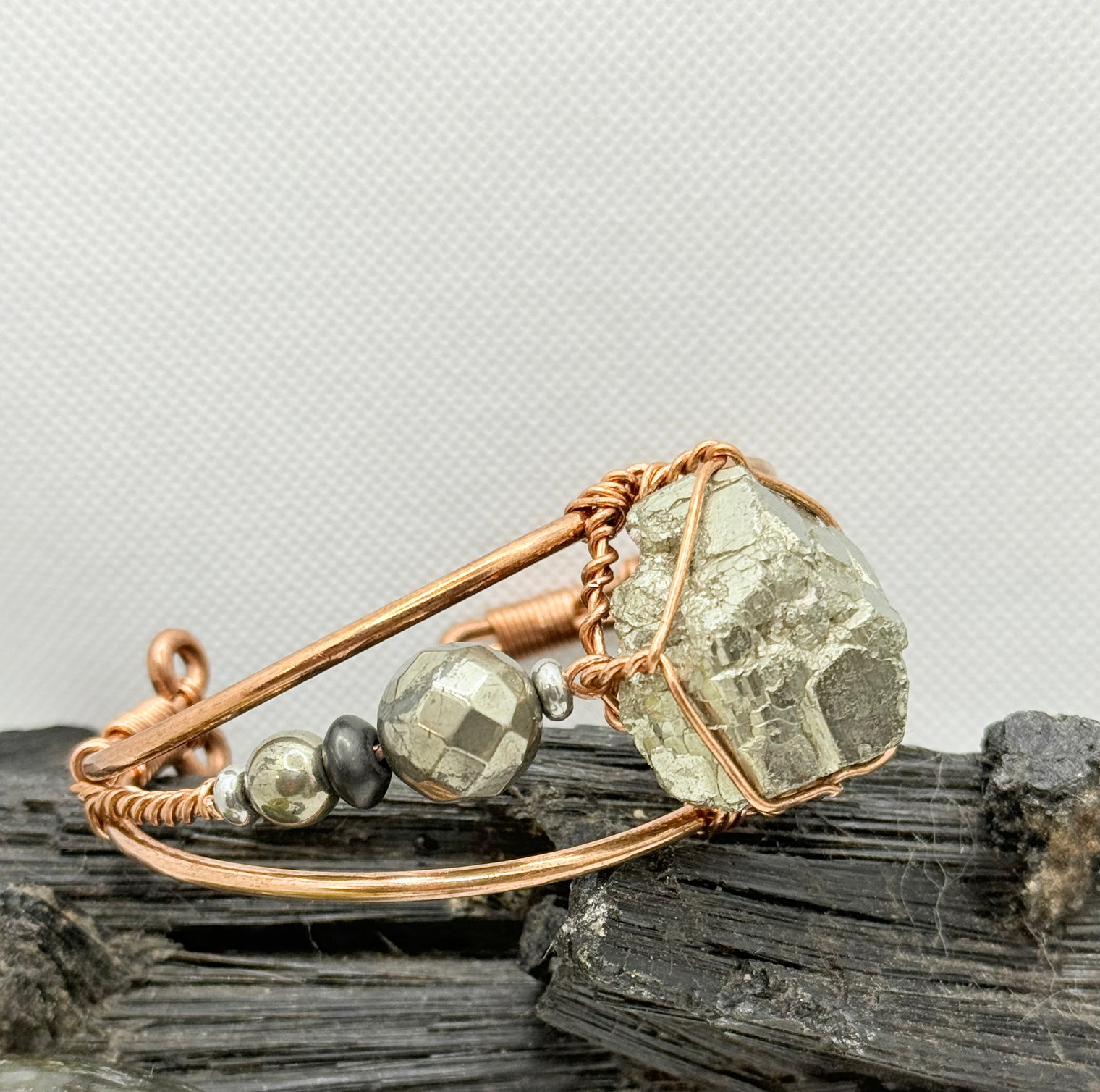 Pyrite Cluster with Shungite Copper Wirewrapped Bracelet