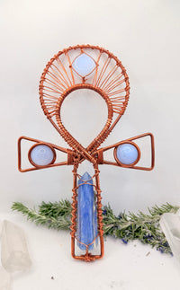 Blue Kyanite and Blue Chalcedony Copper Handheld Ankh