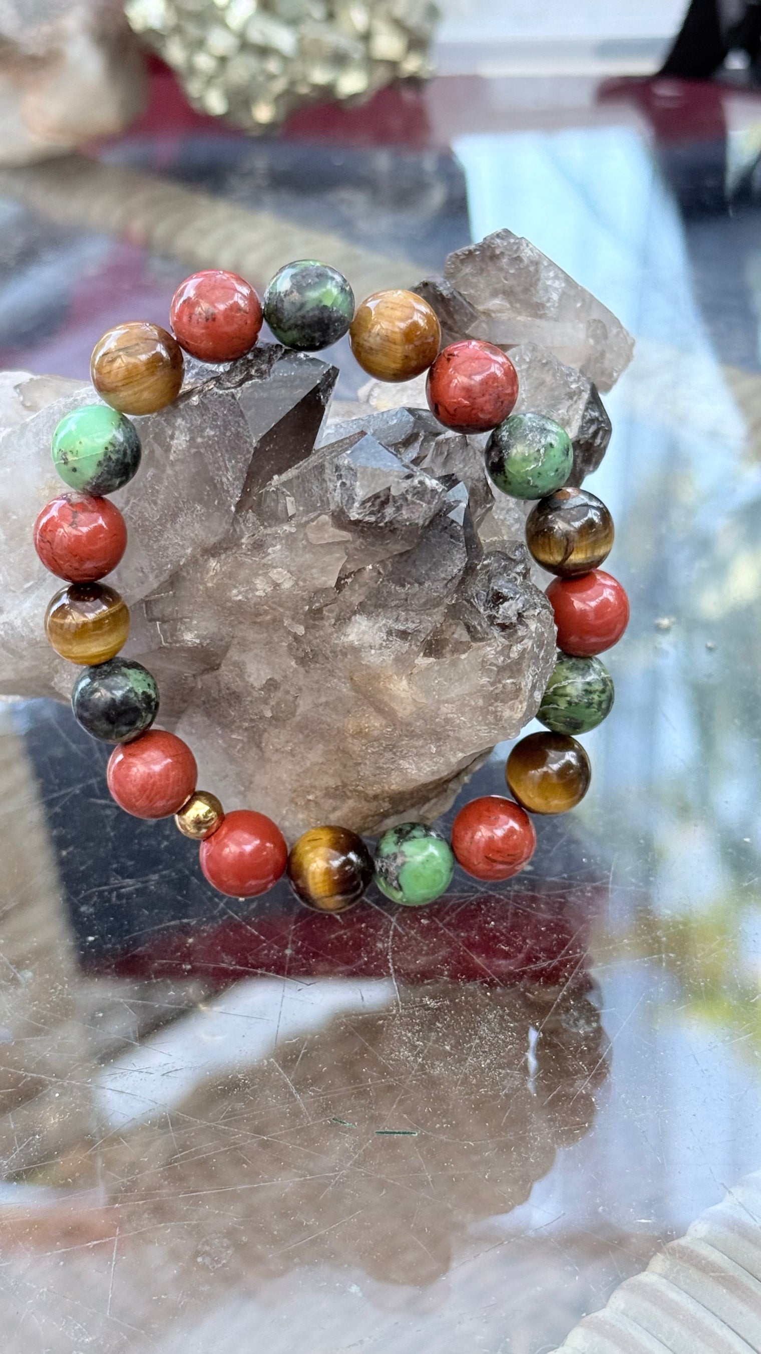 Red Jasper, Tiger Eye, and Green Chrysoprase Stretchy Gemstone Bracelet