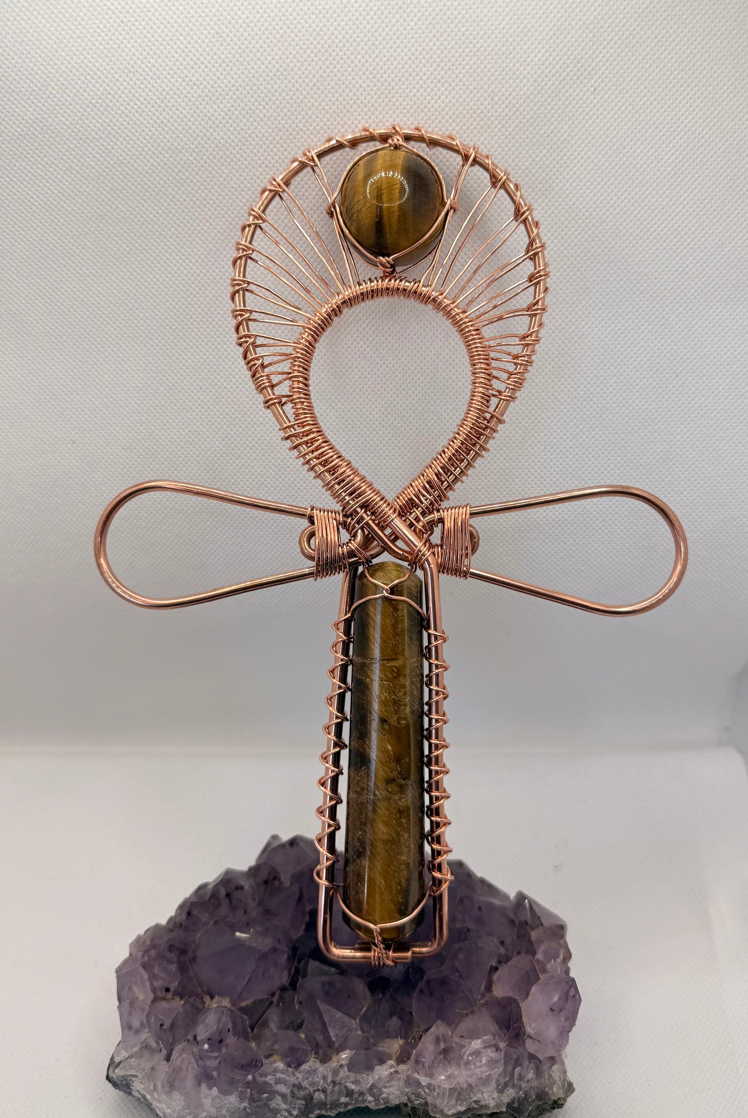 Tigers Eye Wand and Sphere Copper Handheld Ankh
