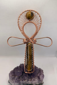 Tigers Eye Wand and Sphere Copper Handheld Ankh