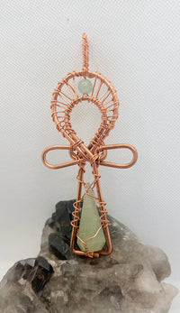 Green Aventurine Wirewrapped Crystal Copper Ankh Pendant