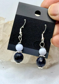 Blue Goldstone and Blue Lace Agate Sterling Silver Plated Hooks Earrings