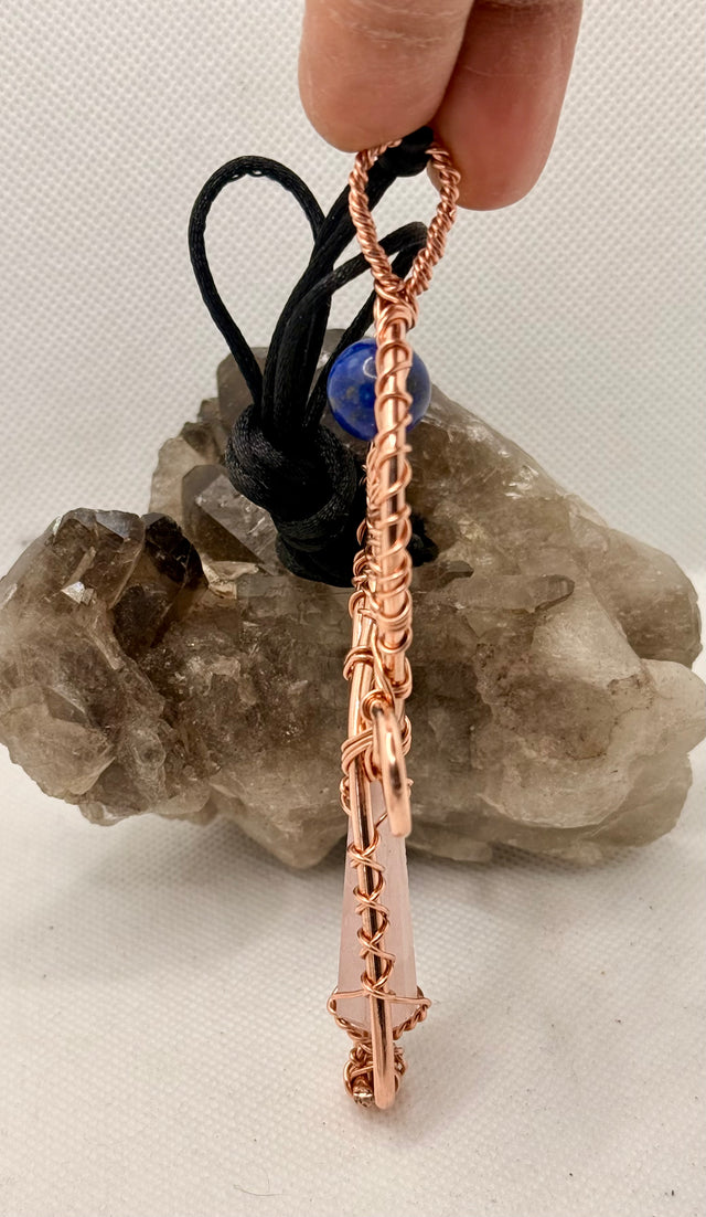 Rose Quartz and Lapis Lazuli Wirewrapped Copper Ankh Pendant