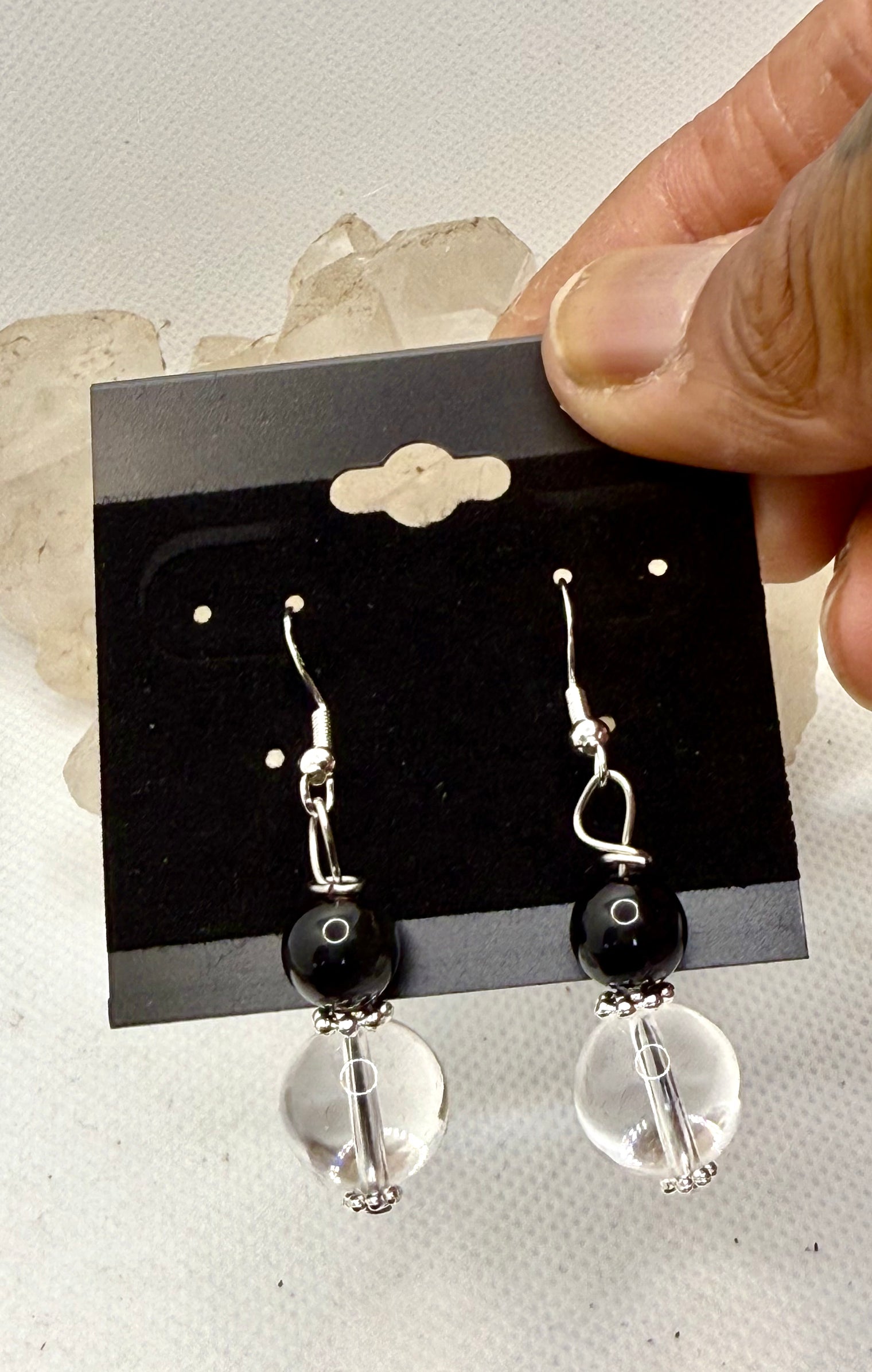 Clear Quartz and Black Obsidian Sterling Silver Plated Hooks  Earrings