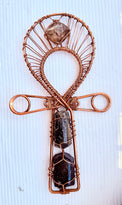 Black Tourmaline and Smoky Herkimer double terminated quartz crystal copper ankh