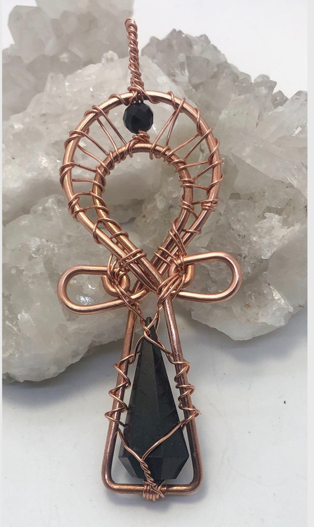 Black Tourmaline Copper Ankh Wirewrapped Pendant Necklace