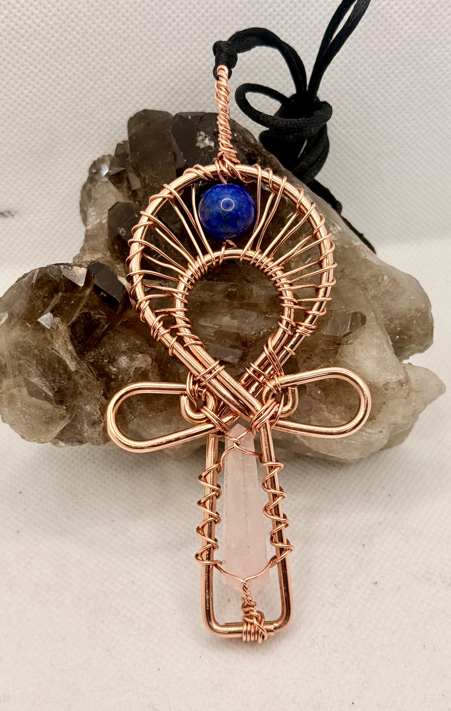 Rose Quartz and Lapis Lazuli Wirewrapped Copper Ankh Pendant