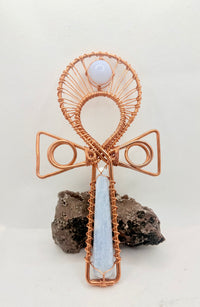 Blue Calcite and Blue Chalchedony EMF Protection Handheld Ankh