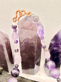 Amethyst Beaded Necklace with Copper Wirewrapped Amethyst Crystal Pendant 18 inches