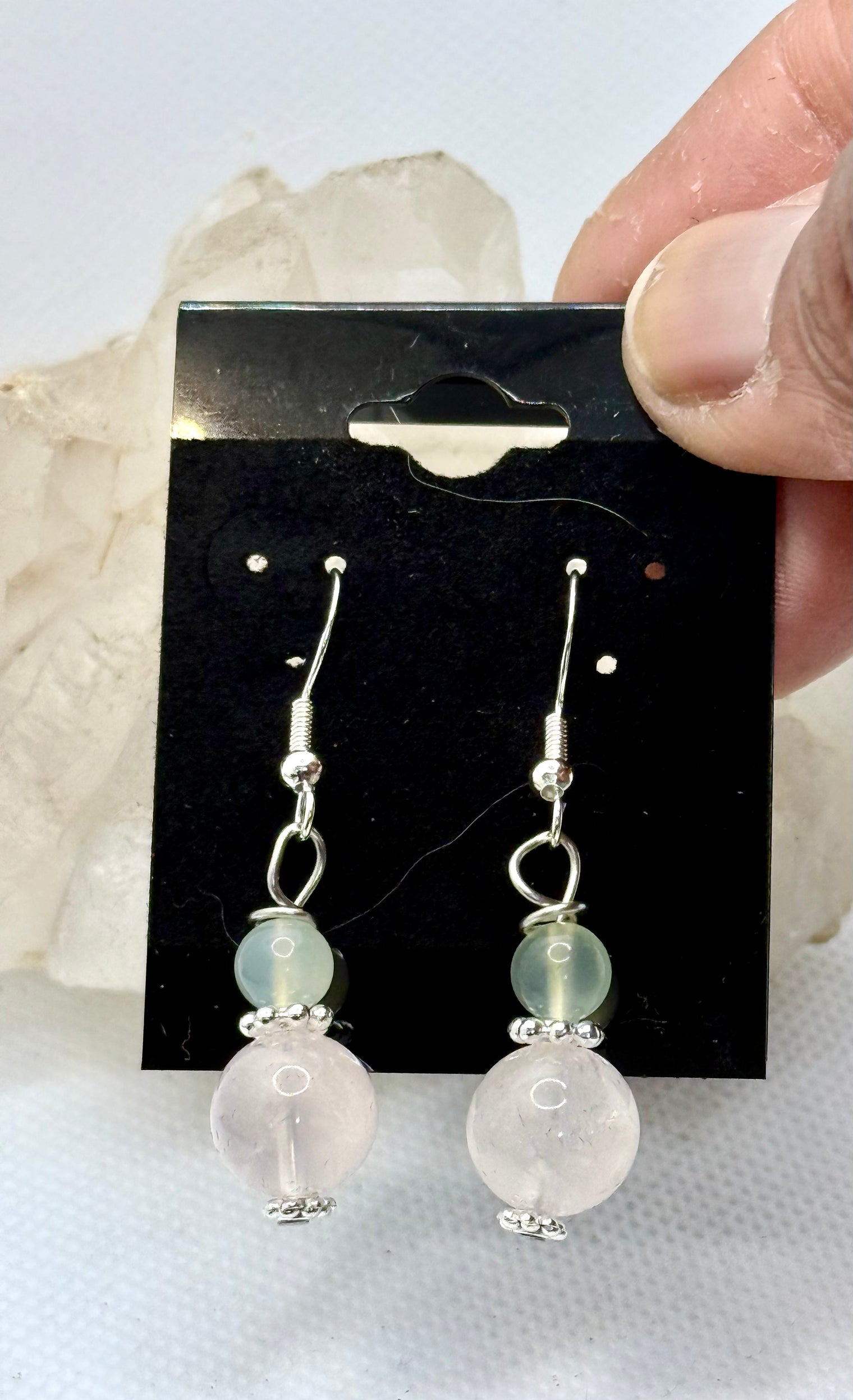 Rose Quartz and New Jade Sterling Silver Plated Hooks  Earrings