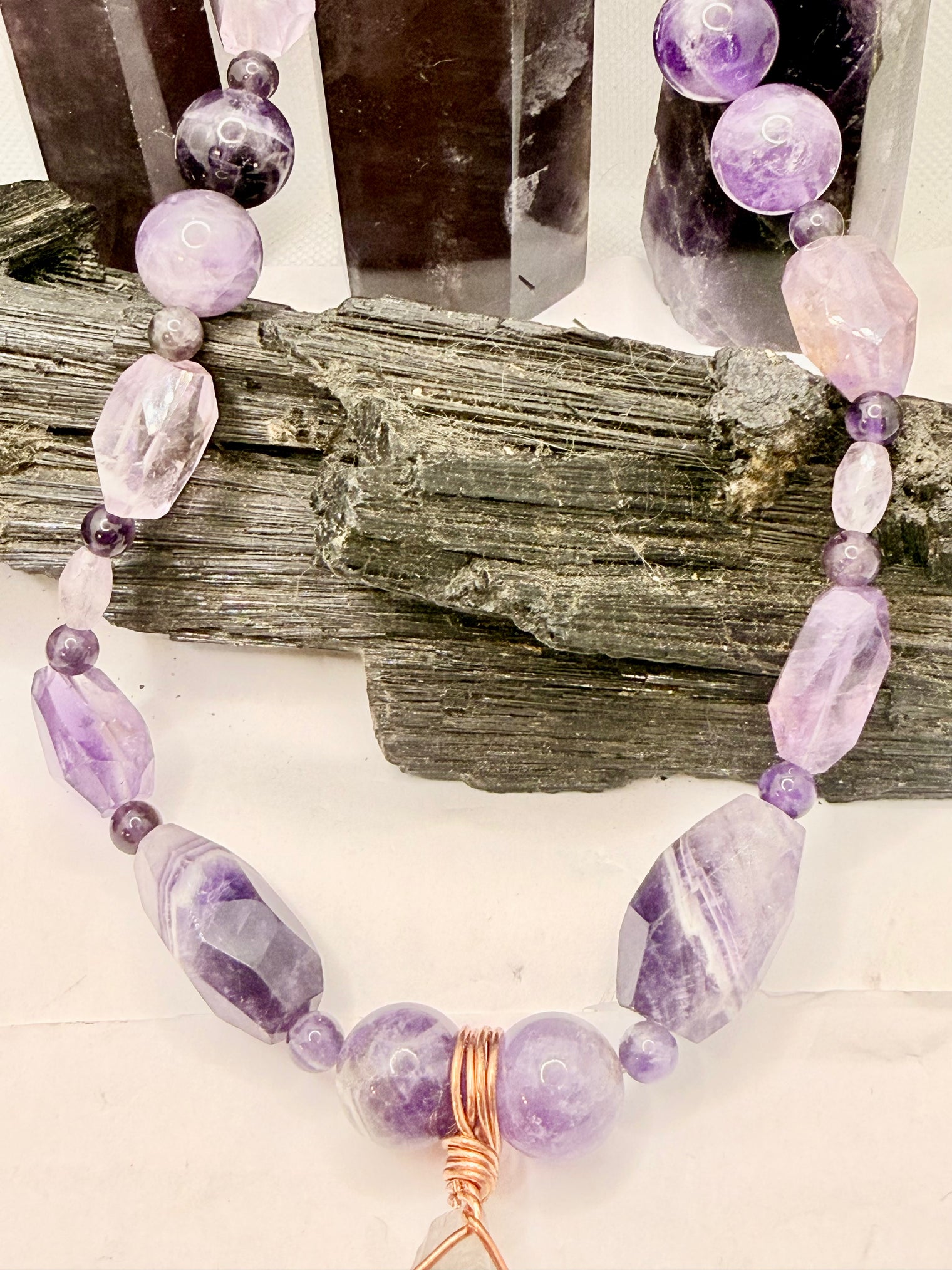 Amethyst Beaded Necklace with Copper Wirewrapped Amethyst Crystal Pendant 18 inches