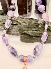 Amethyst Beaded Necklace with Copper Wirewrapped Amethyst Crystal Pendant 18 inches