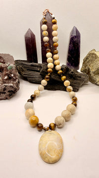 Tiger Eye and Fossil Coral Necklace and Fossil Coral Pendant ~ 20 Inches